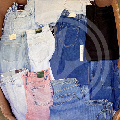 Purchase TGT jeans truckloads featuring a mix of men's, women's, and kids' jeans from Zapps Wholesale.